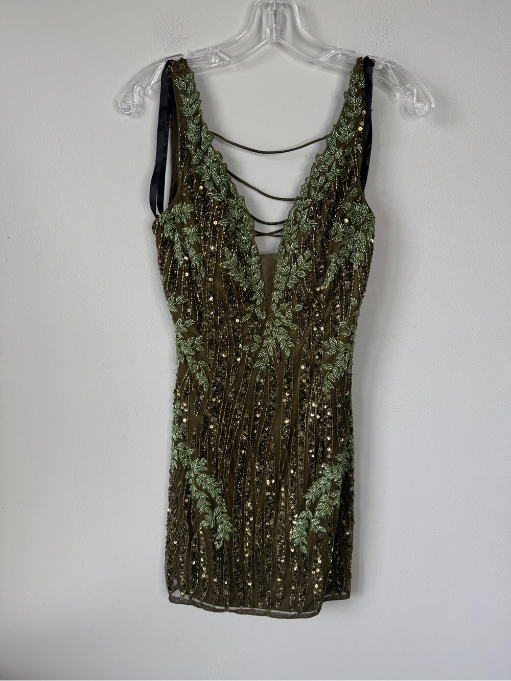 Primavera Couture Olive Green Sequin & Leaf-Embroidered Mini Dress